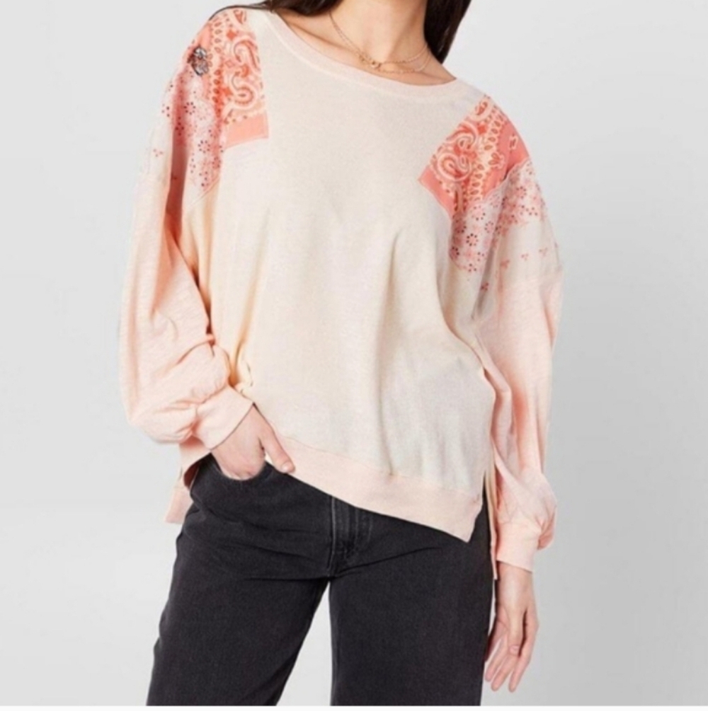 We The Free Feelin It Tee Shirt Peach Boho Embroidered Lace Top Sz S